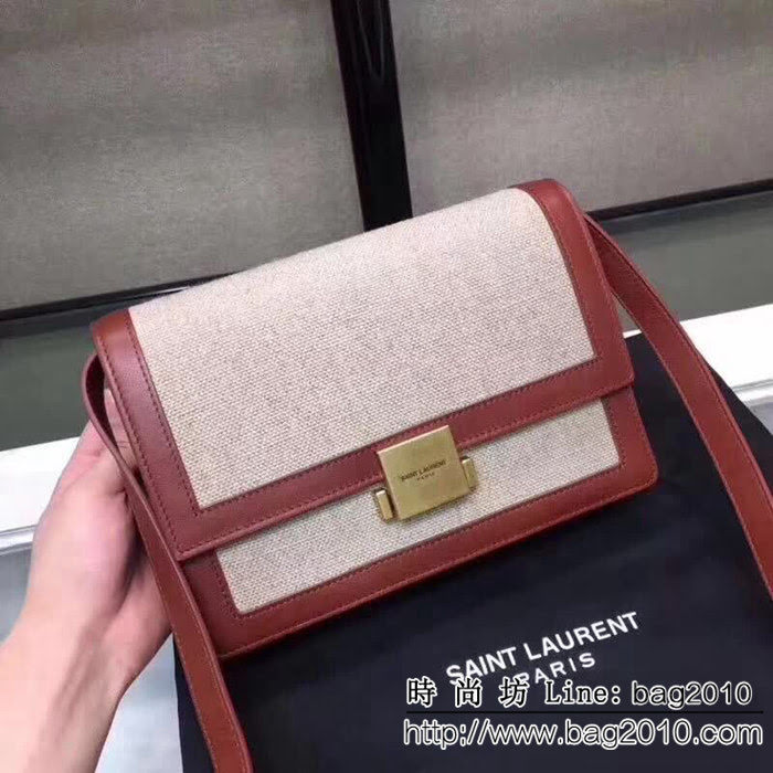 YSL聖羅蘭 米色亞麻帆布 幹邑色真皮挎包 正面翻蓋包 YAS1231
